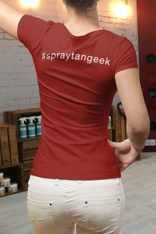 Ladies #spraytangeek T-Shirt with Suntana Logo (Maroon)